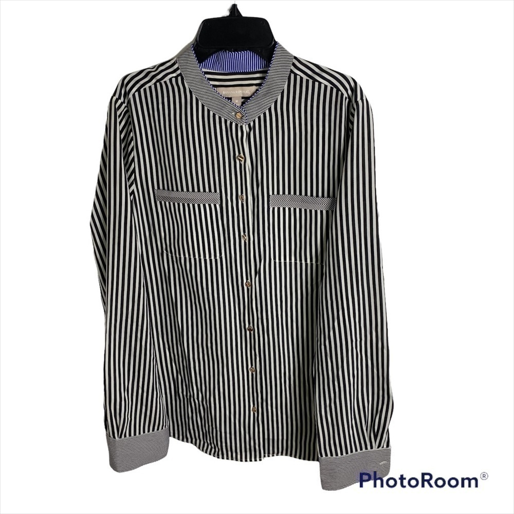 Banana Republic Black Striped Button Down Shirt Medium Women’s Blue